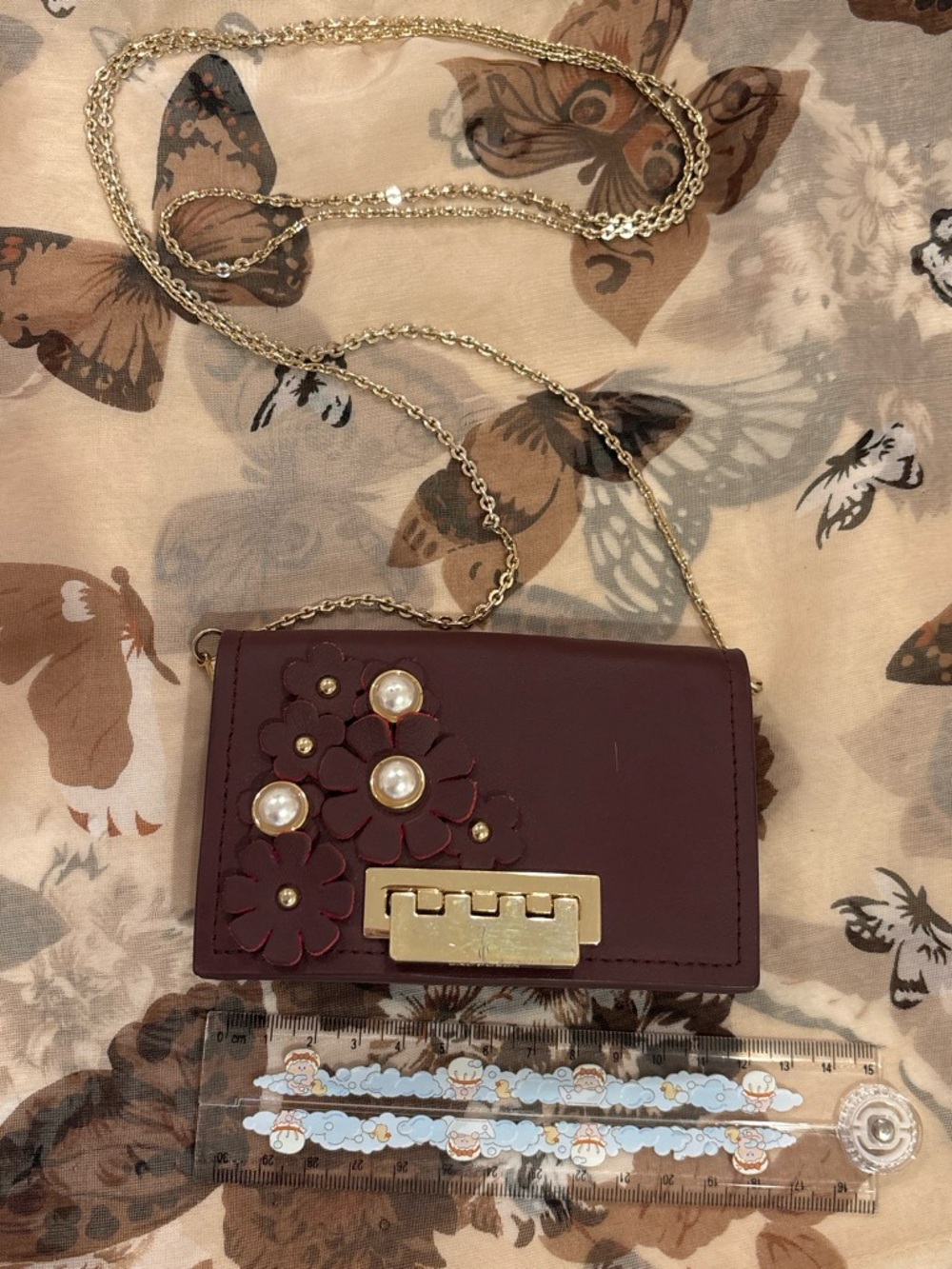ZAC Zac Posen Burgundy Floral Pearl Mini Crossbody Wallet